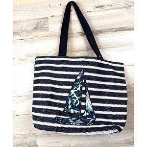 Vera Bradley Navy Blue White Stripe Straw Shore Enough Sailboat Tote Bag NEW